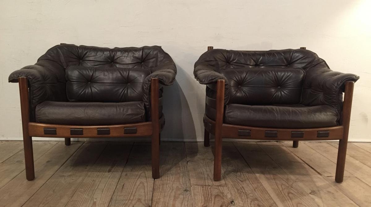 Lot De 2 Fauteuils En Cuir Daim – Marron – Meuble De Salon