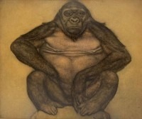 Chimpanzée assis au fusain et charbon sur panneau d'Auguste Trémont 